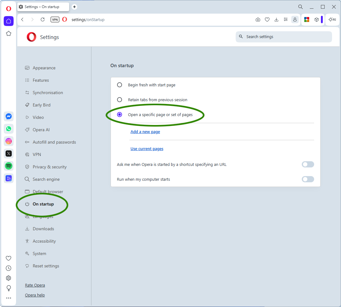 set homepage in opera